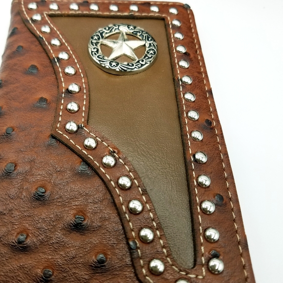 STAR Western Mens wallet Bifold W011-1 Ostrich Brown check book style. - Picture 7 of 8